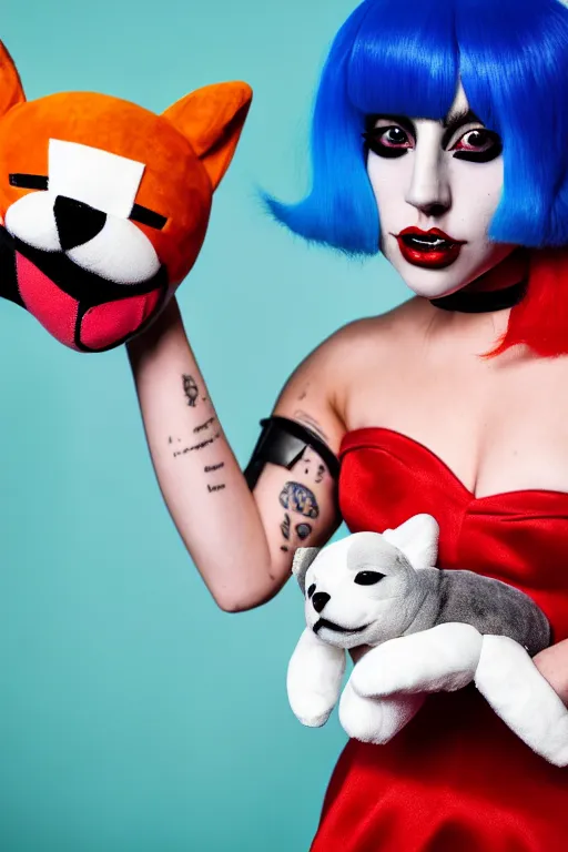 Image similar to lady gaga dressed as harley quinn attacked by plush shiba inu, plush toy, luxury materials, symmetrical, cinematic, elegant, professional studio light, real dlsr photography, sharp focus, 4 k, ultra hd, sense of awe, high fashion