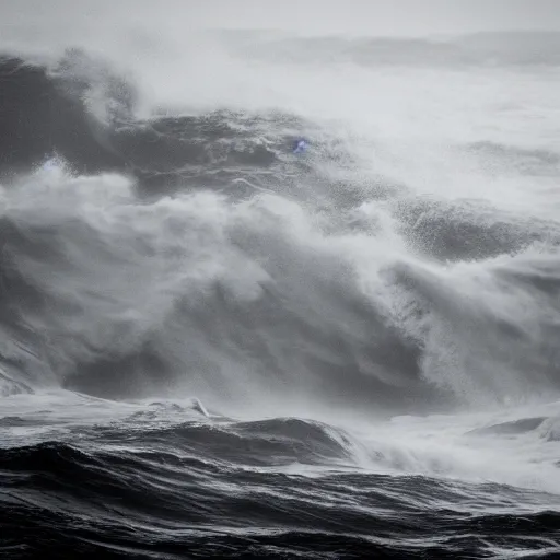 Prompt: dark ocean, towering waves, grey - scale, highly turbulent, deep focus, no sky, elevation view, hidden hands and faces