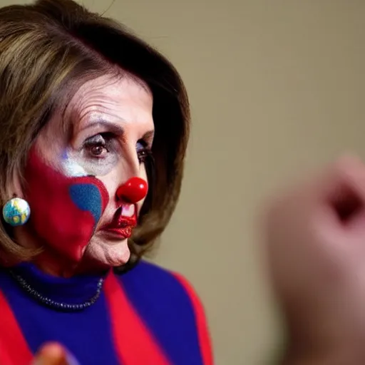 Prompt: Nancy Pelosi with colorful clown makeup all over her face