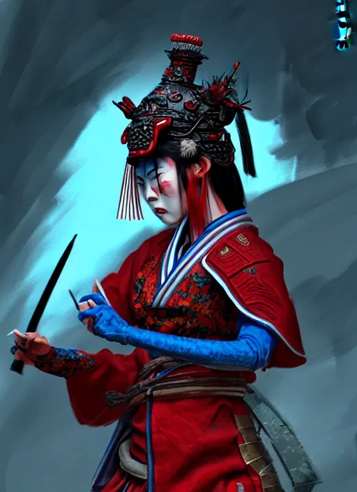 Image similar to establishing cinematic movie scene of a wrathful samurai warrior woman dressed in red holding a lotus flower killing street thugs dressed in blue garbs, cinematic scene!, intricate, elegant, highly detailed, lotus flower, artstation, concept art, smooth, sharp focus, wlop