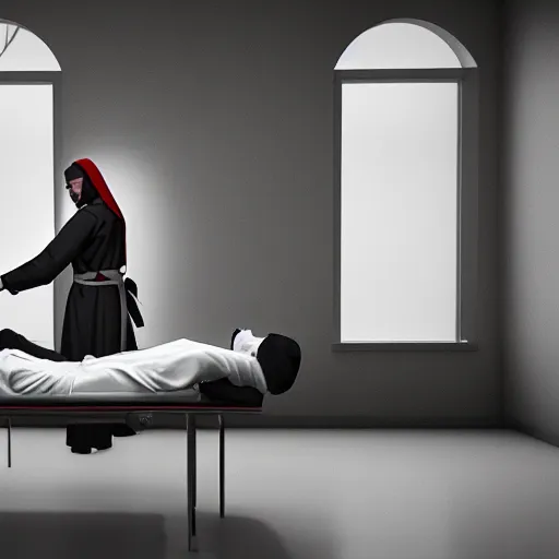 Image similar to a man strapped tight to a gurney in a mental asylum writhing in pain while a demonic nun watches over him, unreal engine