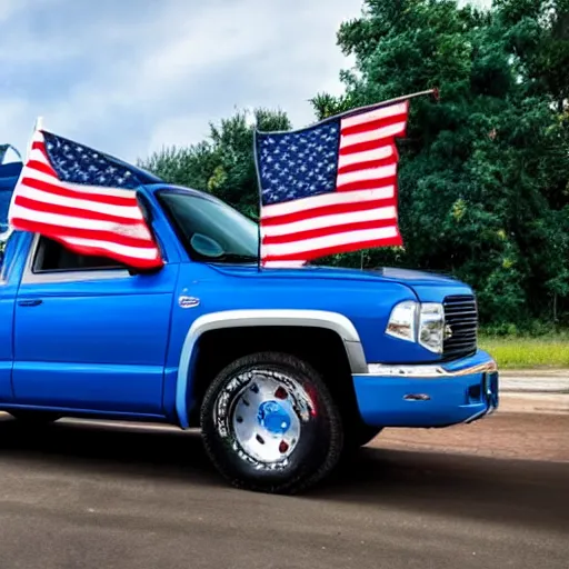 Image similar to photo of blue pickup truck with american flags, there are very attractive woman in the back of the truck whering bikinis.