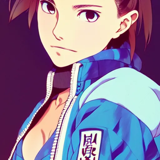 Image similar to a beautiful natalie portman as an anime boy gravure model, wearing oversized mayan bomber jacket and leotard with overalls, bulky poofy bomber jacket with mayan patterns, aztec street fashion, gapmoe yandere grimdark, trending on pixiv fanbox, painted by greg rutkowski makoto shinkai takashi takeuchi studio ghibli, akihiko yoshida