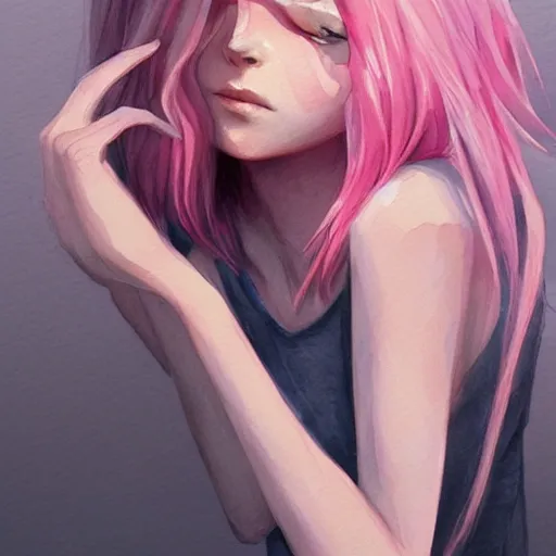 Prompt: shoulder-length pink haired boy, pink eyes, watercolor, highly detailed, artstation, by charlie bowater