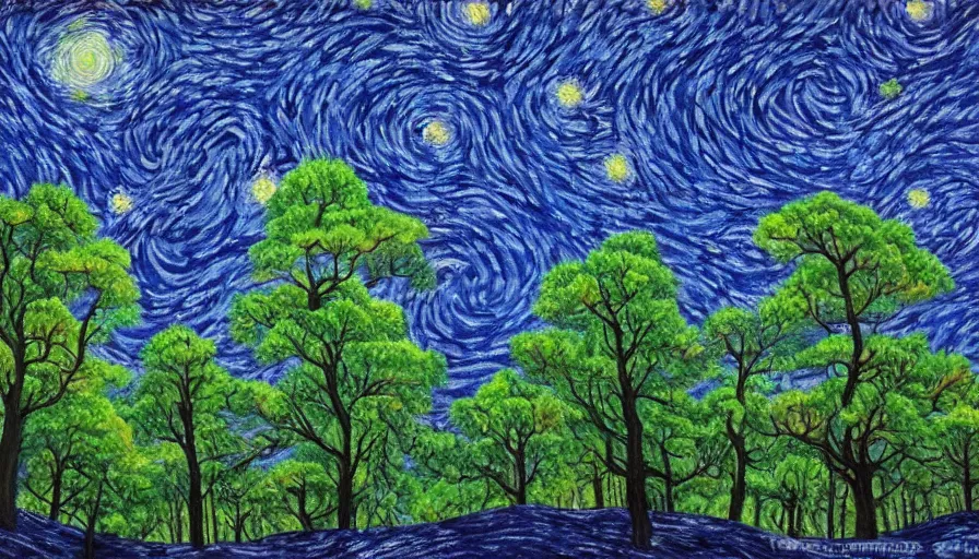 Prompt: Painting of a great forest in style of starry night