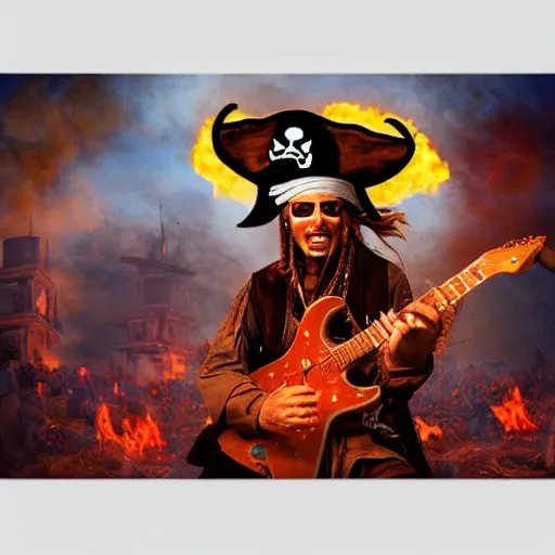 Prompt: a pirate playing an electric guitar in hell