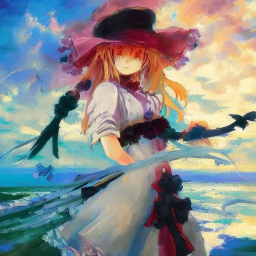 Image similar to Beautiful abstract impressionist painting of Kirisame Marisa from the Touhou project at the beach, touhou project official artwork, danbooru, oil painting by Antoine Blanchard, award winning art, oil on canvas , wide strokes, pastel colors, soft lighting