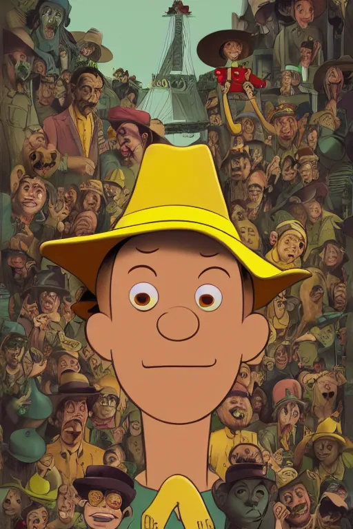 Prompt: the man in the yellow hat in curious george, full body, big two toned eyes, teeth gritted, horror, intricate details, cinematic, epic, realistic, anatomy, tomer hanuka, uplight, artstation, photorealistic, scary