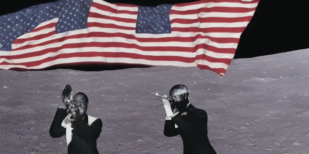 Image similar to louis armstrong playing a trumpet on the moon with american flags, space background, photo