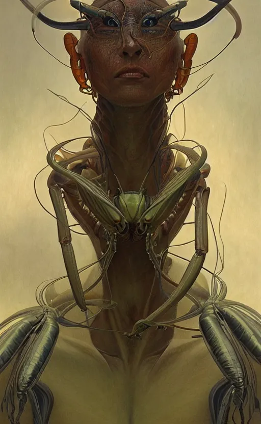 Image similar to portrait of an insectoid man, praying mantis human, concept art, deep focus, fantasy, intricate, highly detailed, digital painting, artstation, matte, sharp focus, illustration, art by artgerm and greg rutkowski and alphonse mucha