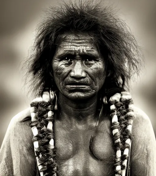 Image similar to Award winning reportage photo of Tuvalu Natives with incredible hair and beautiful hyper-detailed eyes wearing traditional garb by Lee Jeffries, 85mm ND 5, perfect lighting, gelatin silver process