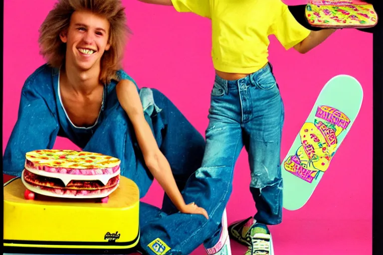 Image similar to 80s, skateboard, Hawaiian pizza, advertisement