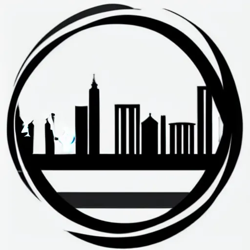 Image similar to a perfect circle, the outer edge of the circle is hugged by the silhouette of a city skyline, black and white, minimalist, in the style of a line drawing