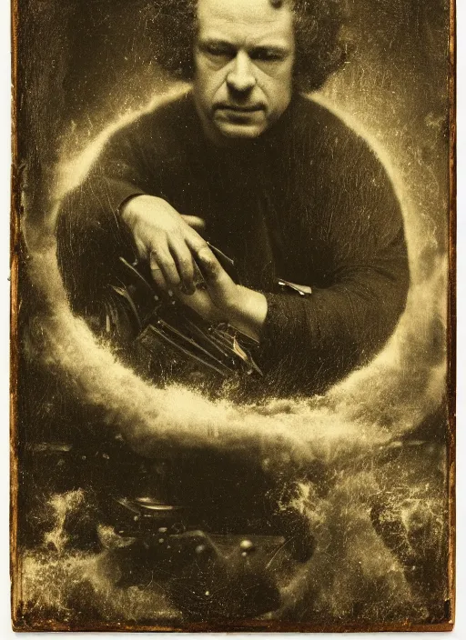 Prompt: old wetplate daguerreotype portrait of the birth of a genius writer, explosion of data fragments, fractal, intricate, elegant, highly detailed, parallax, leica, medium format, subsurface scattering, by jheronimus bosch and greg rutkowski and louis jacques mande daguerre