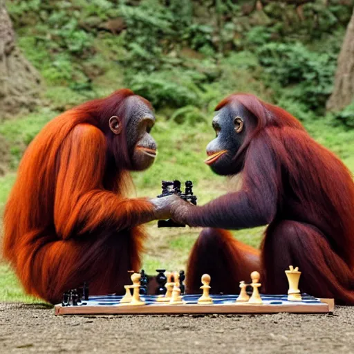 Prompt: a chimpazee and a orangutan playing chess