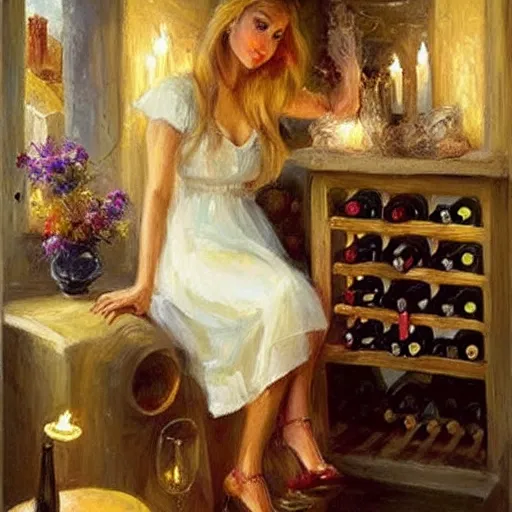 Image similar to wine cellar full of food, torches on the wall, schnapps!, romantic, inviting, cozy, blonde woman, painting Vladimir Volegov