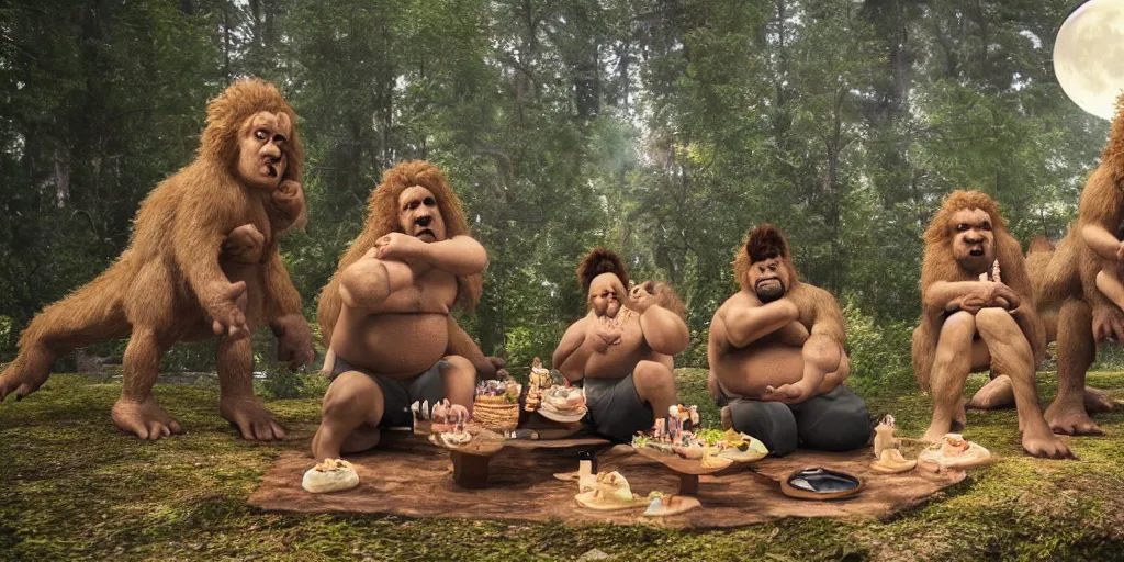 Image similar to photo, three hairy fat neanderthal people, emma!! watson!!, eating outside, surrounded by dinosaurs!, gigantic forest trees, sitting on rocks, bright moon, birthday cake on the ground, front view, high detailed, 4 k