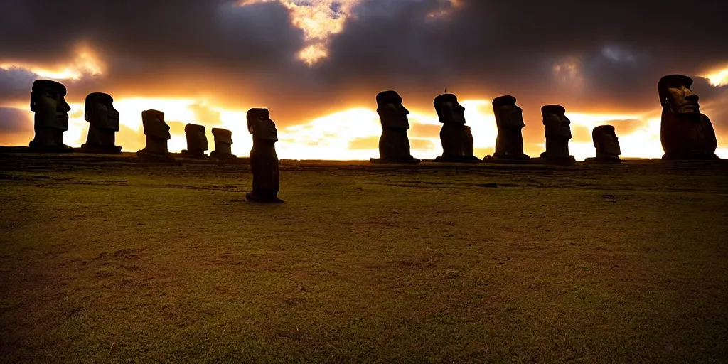 Image similar to amazing landscape photo of astronaut standing still in front of easter island statues at dusk by Marc Adamus beautiful dramatic lighting