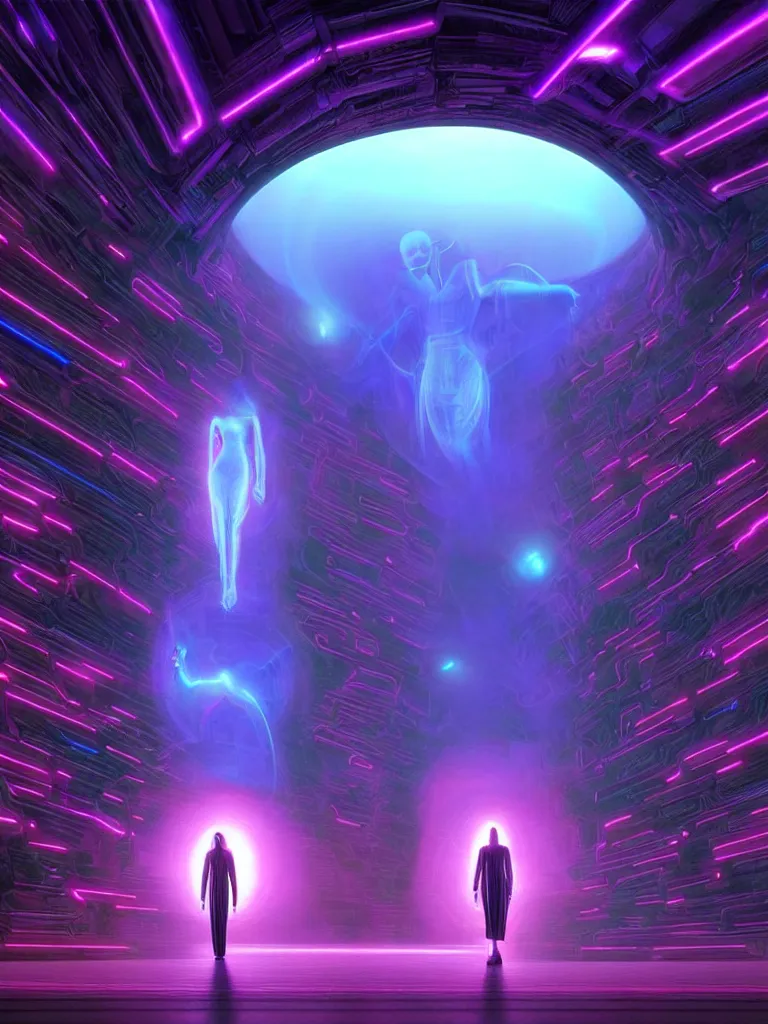 Image similar to entrance to matrix ethereal realm, ai sentient, rendered in unreal engine, central composition, symmetrical composition, dreamy colorful cyberpunk colors, 6 point perspective, fantasy landscape with anthropomorphic terrain in the styles of igor morski, jim warren and rob gonsalves, intricate, hyperrealistic, volumetric lighting, neon ambiance, distinct horizon