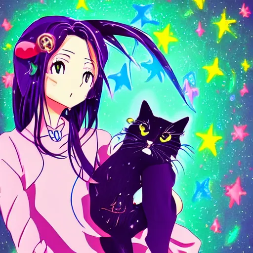 Image similar to a anime aesthetic woman with long dark hair holding a cat in her arm standing on steps in a field at night, a hologram by kusama, instagram, optical illusion, full body, ultra hd, neon, pexels contest winner, high quality photo, rtx, hd, shiny eyes, a renaissance painting by sailor moon