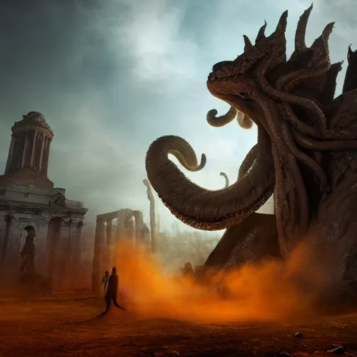 Image similar to Giant smoke monster coming out of the ground, thick swirling smoke, Nyarlathotep, Tentacles, mist, dramatic lighting, Byzantine ruins, surrounded by priests, worshipers, desert, cinematic, trending on artstation