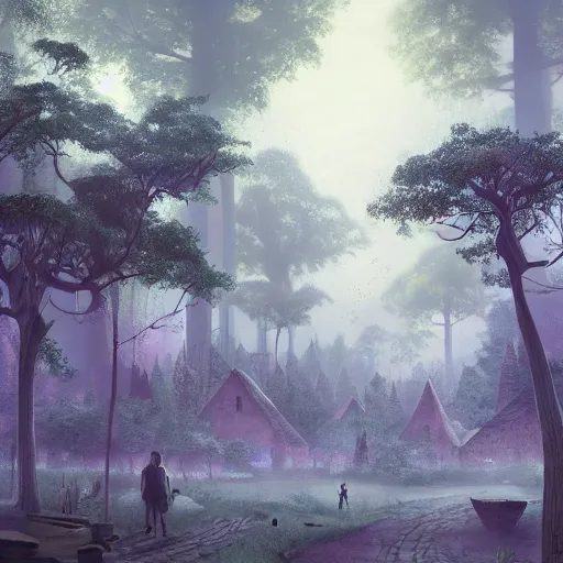 Image similar to village in the trees of a mysterious forest. mist. dusk. concept art. hyper detailed