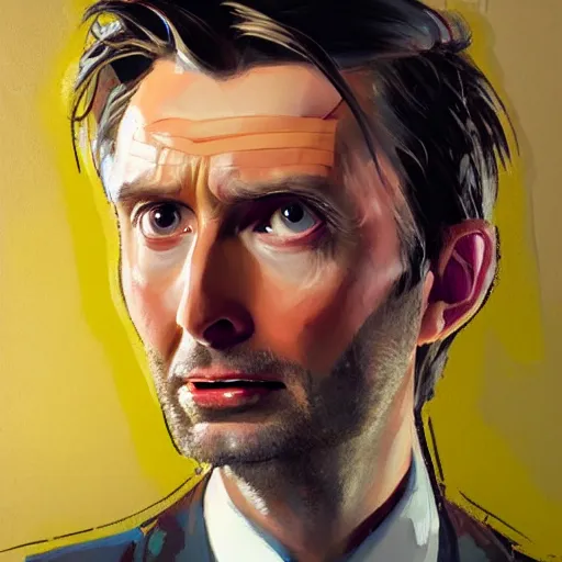 Prompt: greg manchess portrait painting of david tennant the 1 0 th doctor as overwatch character, medium shot, asymmetrical, profile picture, organic painting, sunny day, matte painting, bold shapes, hard edges, street art, trending on artstation, by huang guangjian and gil elvgren and sachin teng