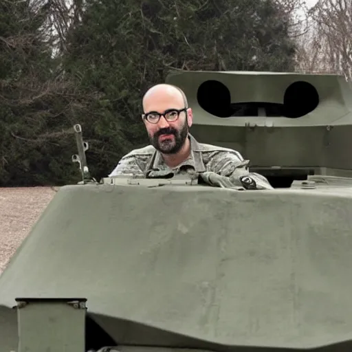 Prompt: michael vsauce in a military tank