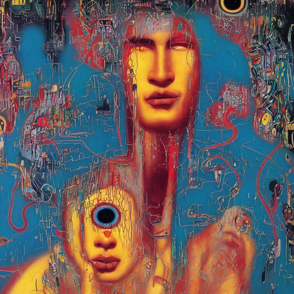 Image similar to 8 0 s art deco close up portait of a man with spiral eyes, rain like a dream oil painting curvalinear clothing cinematic dramatic cyberpunk textural fluid lines otherworldly vaporwave interesting details fantasy lut epic composition by basquiat zdzisław beksinski james jean artgerm rutkowski moebius francis bacon gustav klimt