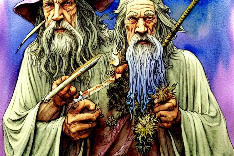 Image similar to a realistic and atmospheric watercolour fantasy character concept art portrait of gandalf with pink eyes lying on his back looking happy and confused and smoking weed out of his pipe with a pot leaf nearby, by rebecca guay, michael kaluta, charles vess and jean moebius giraud