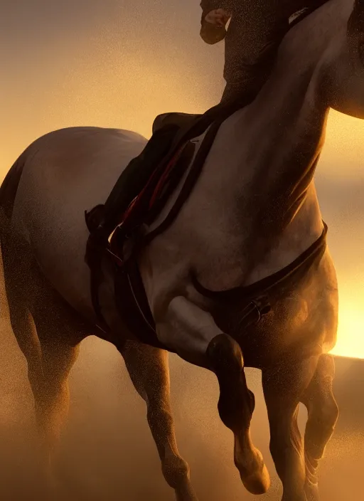 Image similar to horse subdues on man shoulders, volumetric lighting, beautiful, golden hour, sharp focus, ultra detailed, cgsociety by dali, noir photorealism, film