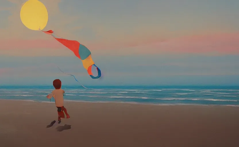 Prompt: child flying a kite at the beach by atey ghailan and garmash, michael, cinematic, volumetric lighting, sunset