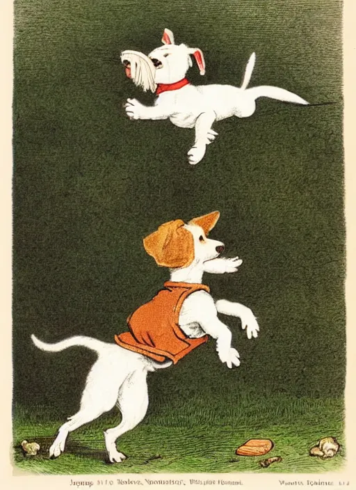 Prompt: jack russel terrier jumping over and over, illustrated by peggy fortnum and beatrix potter and sir john tenniel