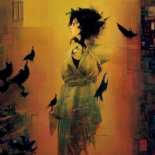 Image similar to portrait of a nostalgic latina in red monk habit being progressively rasterized into pixels from another world, she is surrounded by digital birds, oil on canvas by yoji shinkawa, esao andrews, dave mckean and stina persson