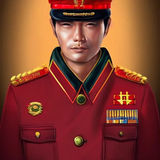 Image similar to tall thin asian man in a red military uniform, golden eyes, dark red military jacket, brown pocketed pants, flame insignia patches, medium length hair, stalin style hat, full body portrait, trending on artstation, detailed art, wlop, great drawing