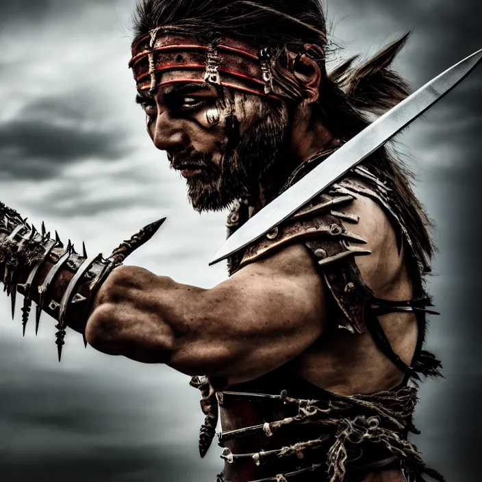 Image similar to photo of a warrior with bone blades coming out of forearm, highly detailed, 4 k, hdr, smooth, sharp focus, high resolution, award - winning photo
