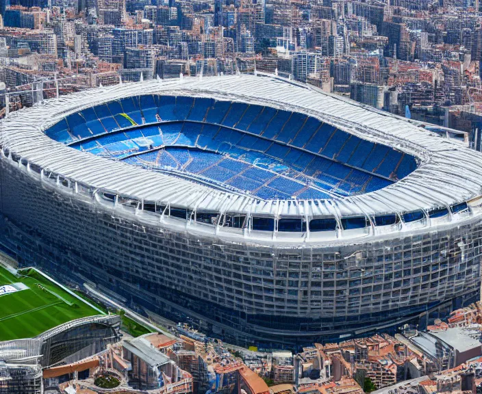 Image similar to 4 k hd, high detail photograph of the santiago bernabeu stadium from above, shot with sigma f / 4. 2, 2 5 0 mm sharp lens, wide shot, consistent, isometric view, volumetric lighting, high level texture render