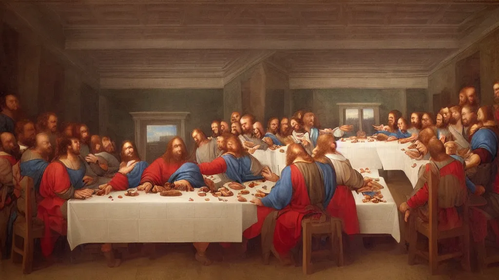 Prompt: Trump staffers dinner at the White House painted by Leonardo Da Vinci in the style of The Last Supper , concept art, oil painting, 8k, highly detailed, artstation