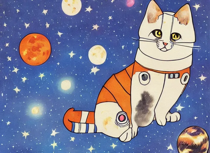 Prompt: painting of a cat dressed as an astronaut, cute, calico, stars, galaxies, planets, moons, stuido ghibli, kotaro mori