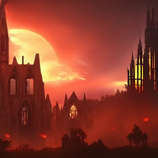 Prompt: powerful epic invasion, gothic church un the middle of the scene, sunset orange clouds, trending artstation