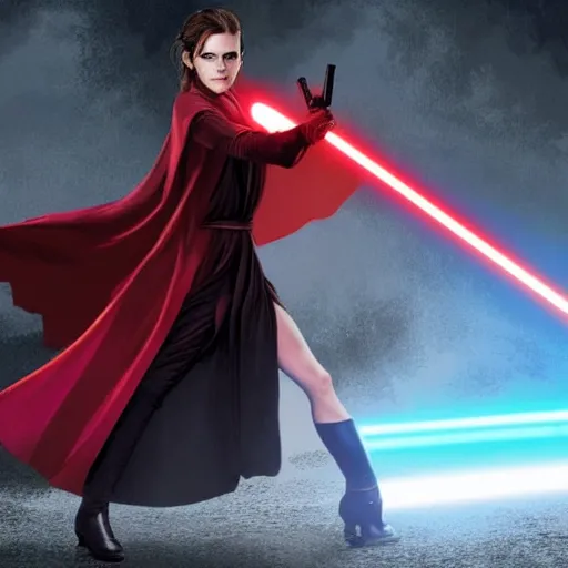 Image similar to emma watson as a sith lord with a red lightsaber