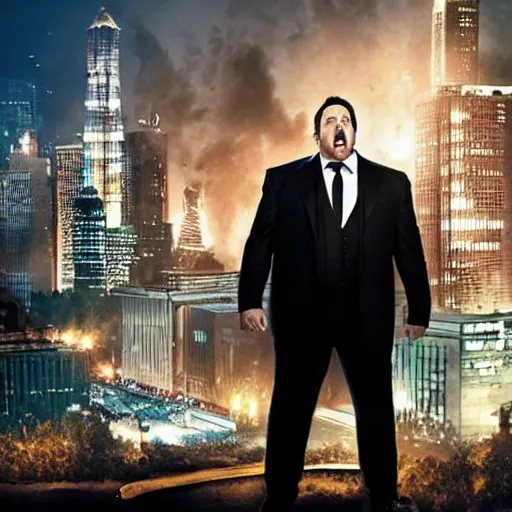 Image similar to clean-shaven Jon Favreau as Happy Hogan wearing a white dress shirt and black vest and black necktie floats high above a city with a frightened expression on his face