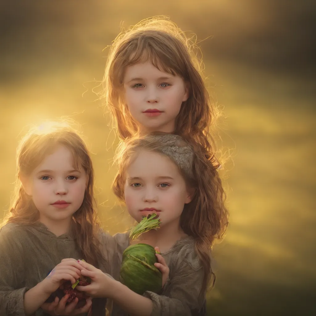 Image similar to Beautiful aesthetically pleasing single female child portrait, centered portrait, Confident holding vegetables, lush farm lands, fog, volumetric lighting beautiful, golden hour, sharp focus, ultra detailed, conceptartworld, Dr Zeuscomic art