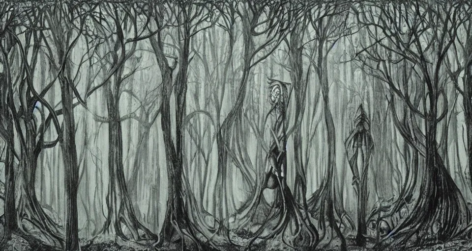 Prompt: Enchanted and magic forest, by HR Giger