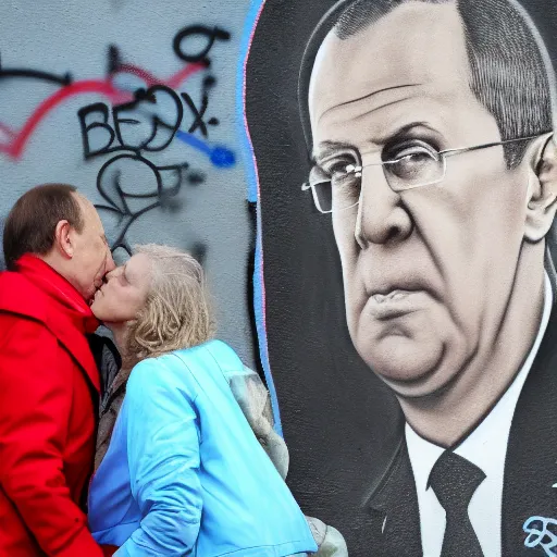 Image similar to Vladimir Putin and Sergey Lavrov kissing, kiss on the berlin wall graffiti, 8k