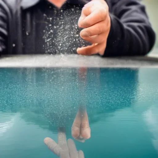 Image similar to a man touching a pool of liquid that shows a reflection of a ghost