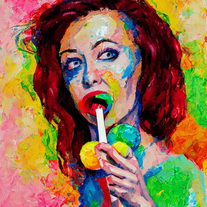 Image similar to portrait of beautiful woman licking a lollipop painted with colorful gouache impasto