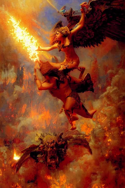 Image similar to War between heaven and hell, painting by Gaston Bussiere, Craig Mullins