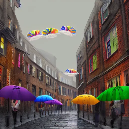 Image similar to a rainbow of umbrellas hovering over an old stone city street, digital art, trending on artstation