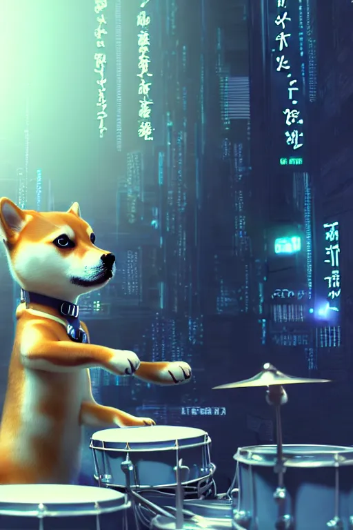 Image similar to high quality 3 d render very cute cyborg! shiba inu plays drums, cyberpunk highly detailed, unreal engine cinematic smooth, in the style of blade runner & pixar, hannah yata charlie immer, moody light, low angle, uhd 8 k, sharp focus